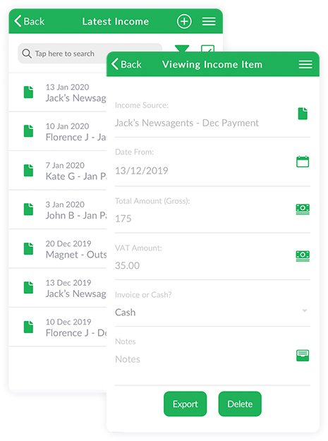 Example of the income tracker feature on a mobile phone.