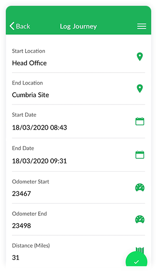 Example of the mileage tracker feature on a mobile phone.